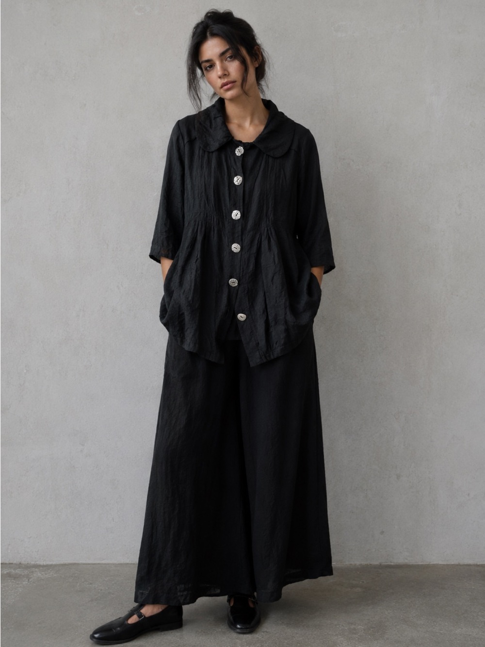 Papa Vancouver Black Linen Blend Art Jacket Lagenlook Peter Pan Collar S